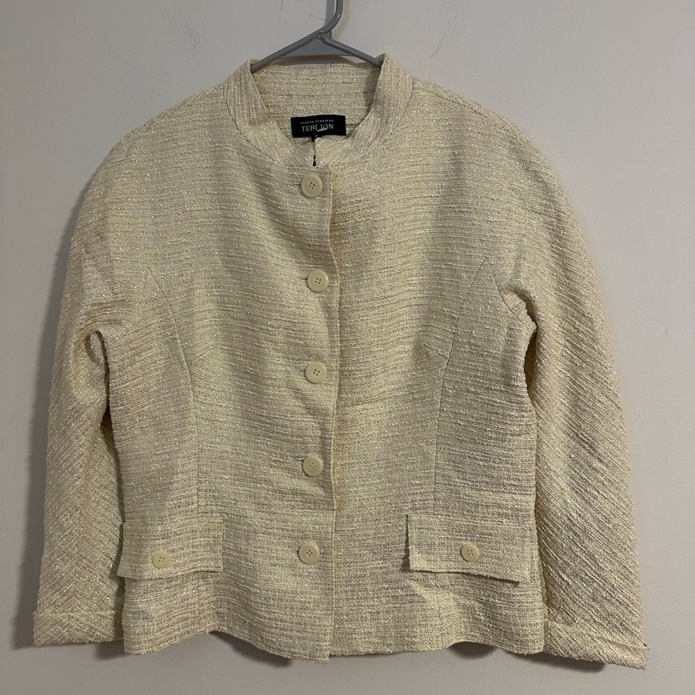 Rickie Freeman Teri Jon vintage Tweed button blazer yellow gold metallic spring